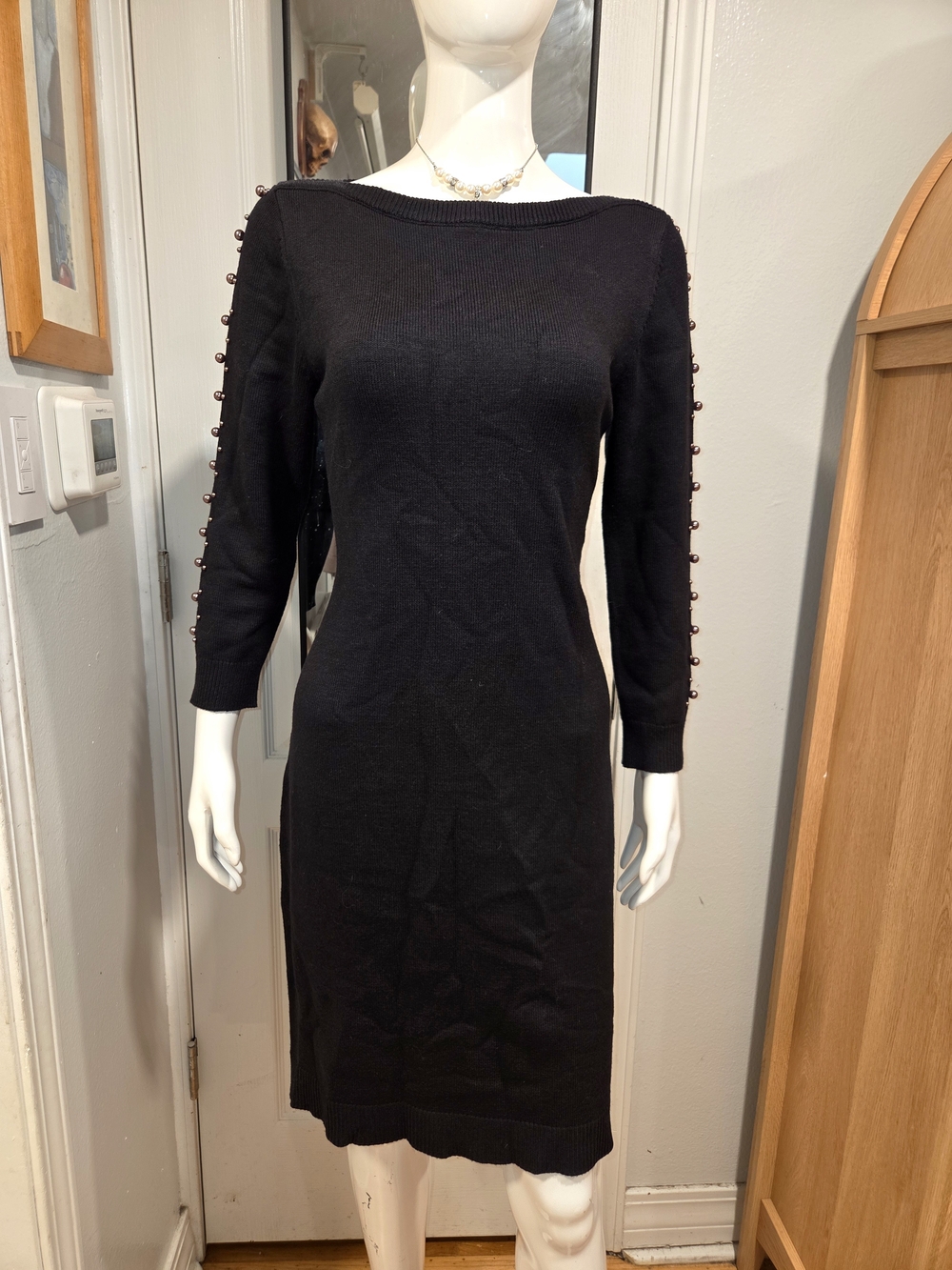 Ann Taylor Black Knit Midi Dress with Sleeve Button Detail Sz M